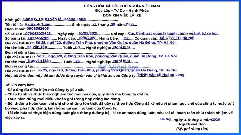 Mẫu đơn xin việc lái xe chung cho các vị trí