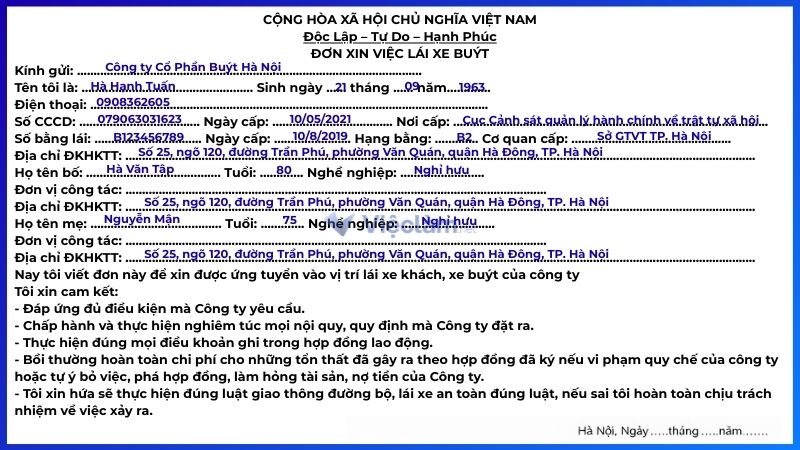 Mẫu đơn xin việc lái xe khách và xe buýt