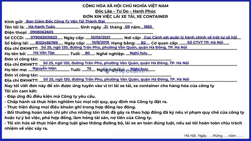 Mẫu đơn xin việc lái xe tải , xe container