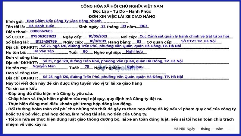 Mẫu đơn xin việc lái xe giao hàng