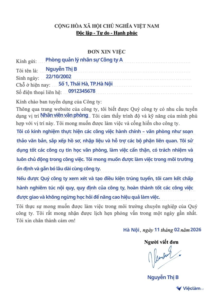 Mẫu đơn xin việc cho vị trí nhân viên văn phòng