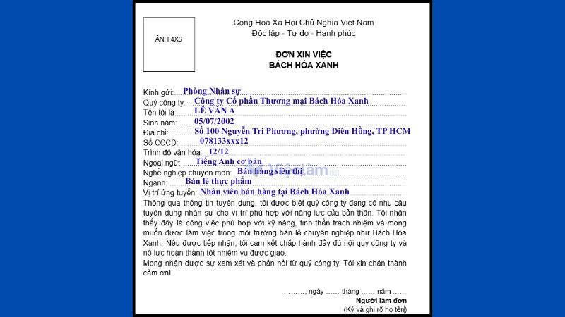 Mẫu đơn xin việc bách hóa xanh dùng chung