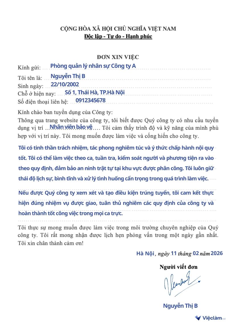 Mẫu đơn xin việc cho vị trí nhân viên bảo vệ