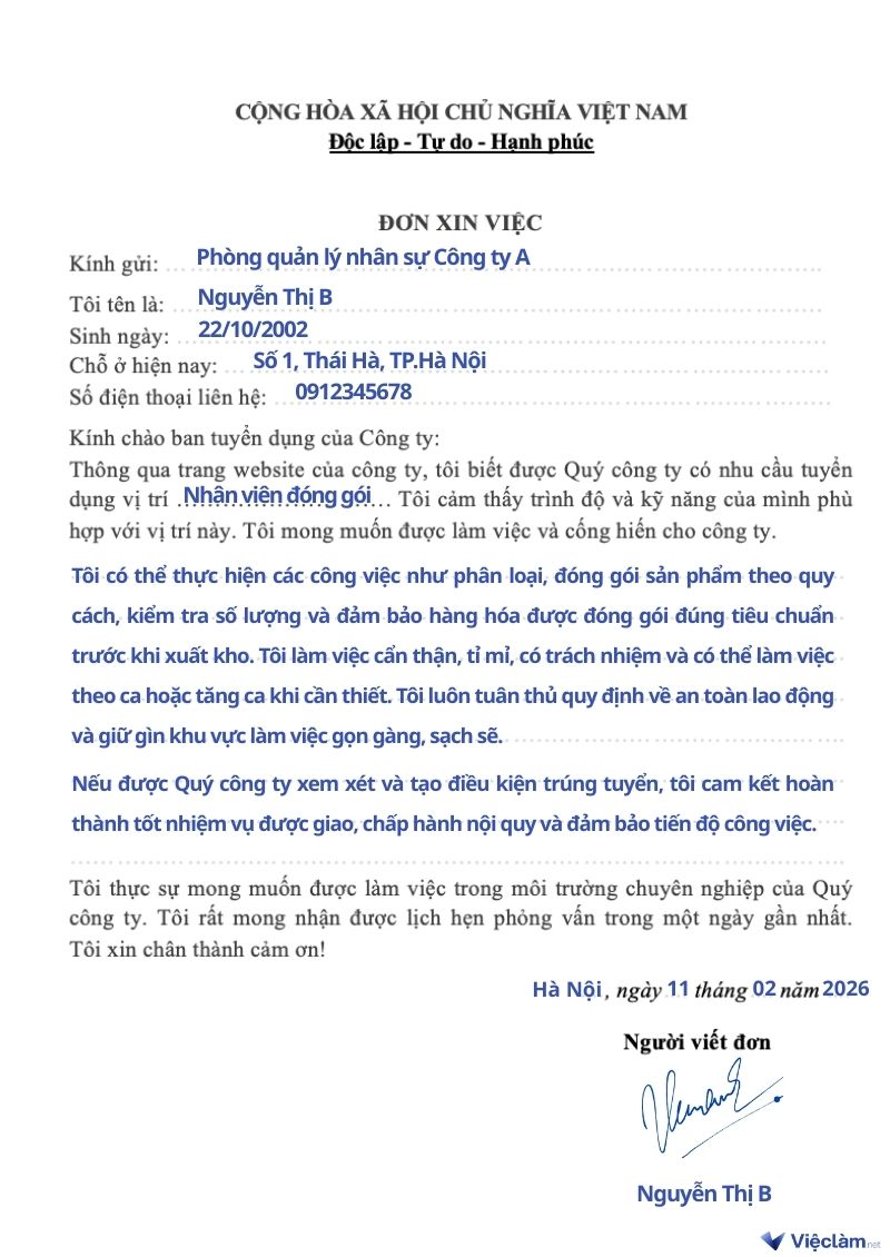 Mẫu đơn xin việc cho vị trí Nhân viên đóng gói