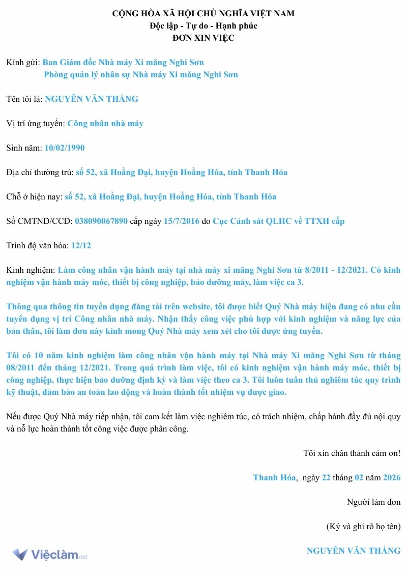 Mẫu đơn xin việc làm công nhân và hướng dẫn cách điền chi tiết Tham khảo Mẫu đơn xin việc Công nhân nhà máy