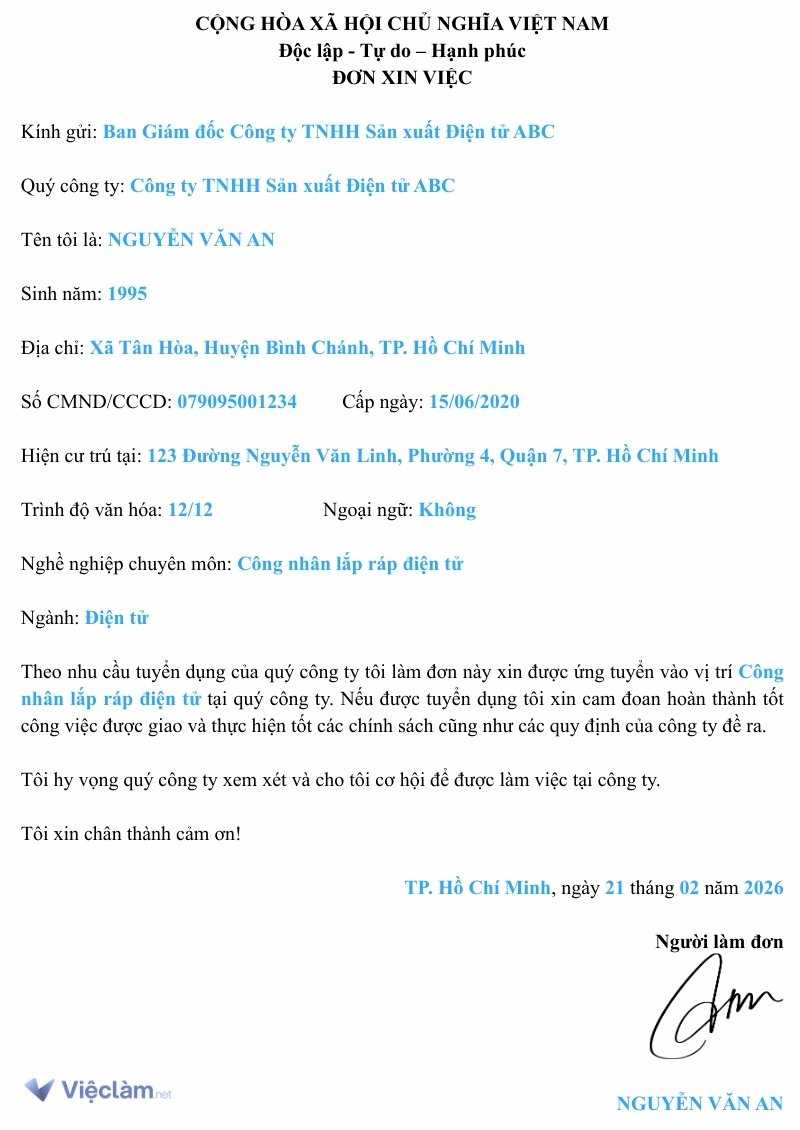 Mẫu đơn xin việc làm công nhân và hướng dẫn cách điền chi tiết Mẫu đơn xin việc công nhân dùng chung