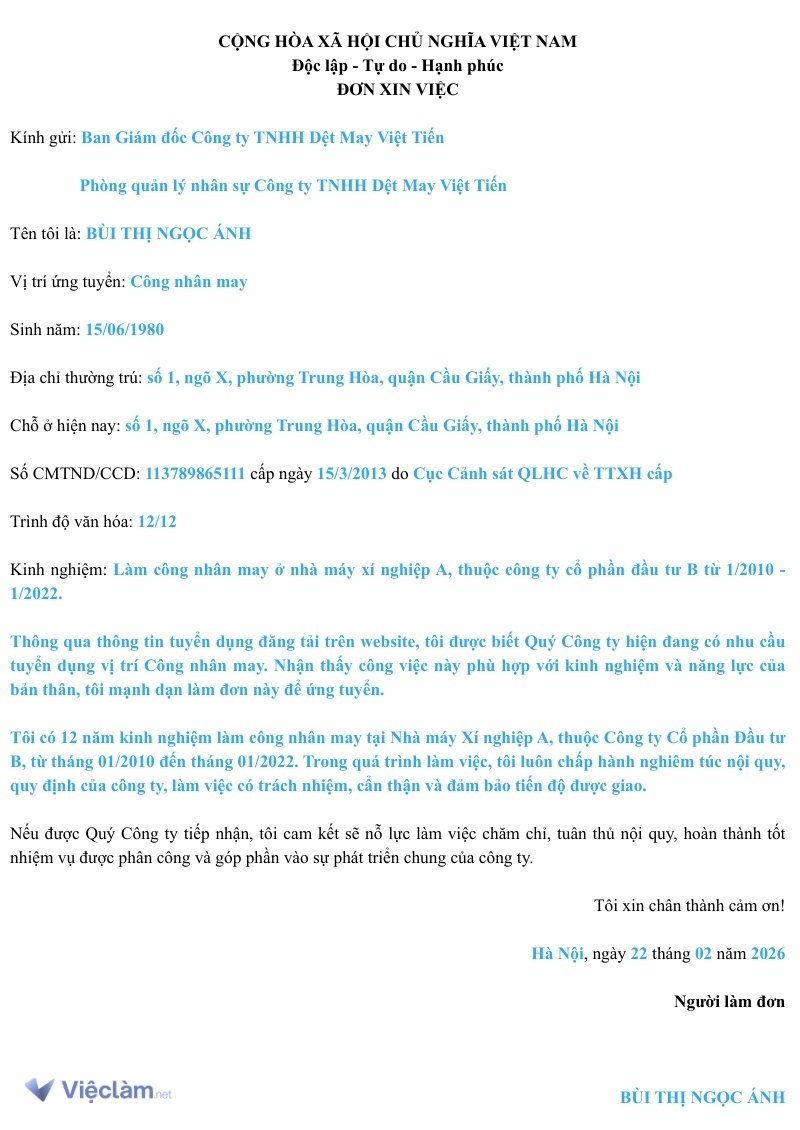 Mẫu đơn xin việc làm công nhân và hướng dẫn cách điền chi tiết Tham khảo Mẫu đơn xin việc công nhân may mặc