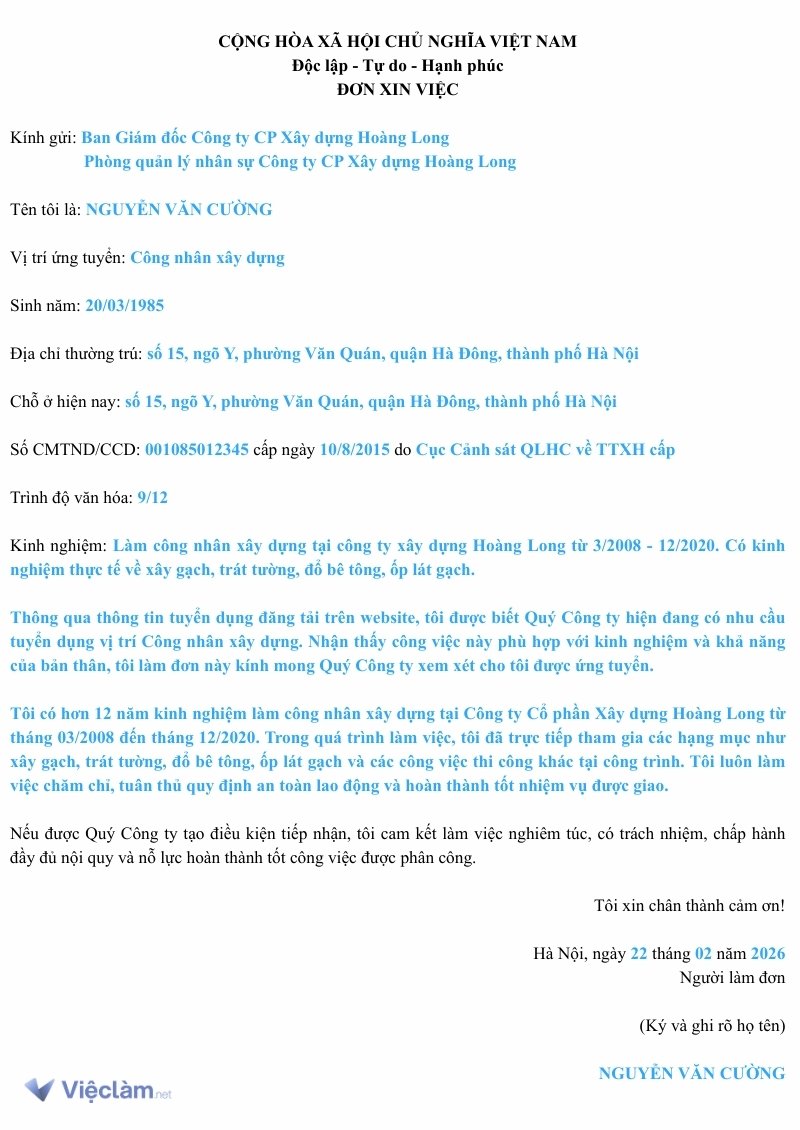 Mẫu đơn xin việc làm công nhân và hướng dẫn cách điền chi tiết Mẫu đơn xin việc Công nhân xây dựng