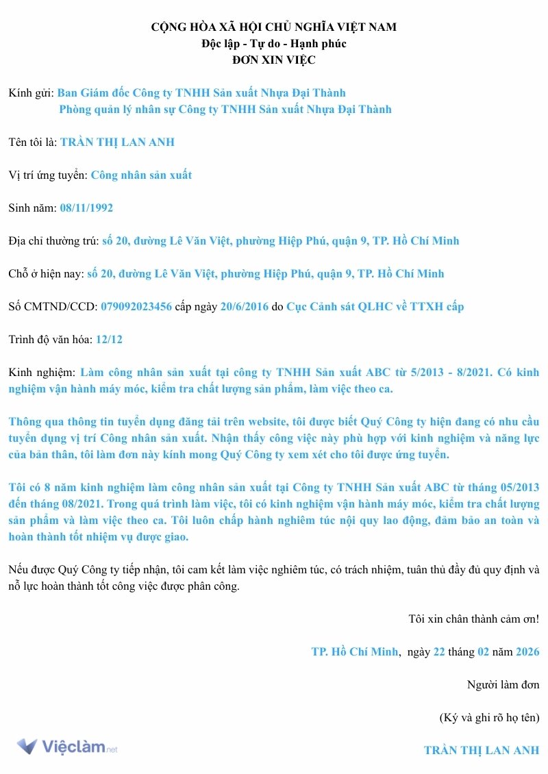 Mẫu đơn xin việc làm công nhân và hướng dẫn cách điền chi tiết Mẫu đơn xin việc Công nhân sản xuất