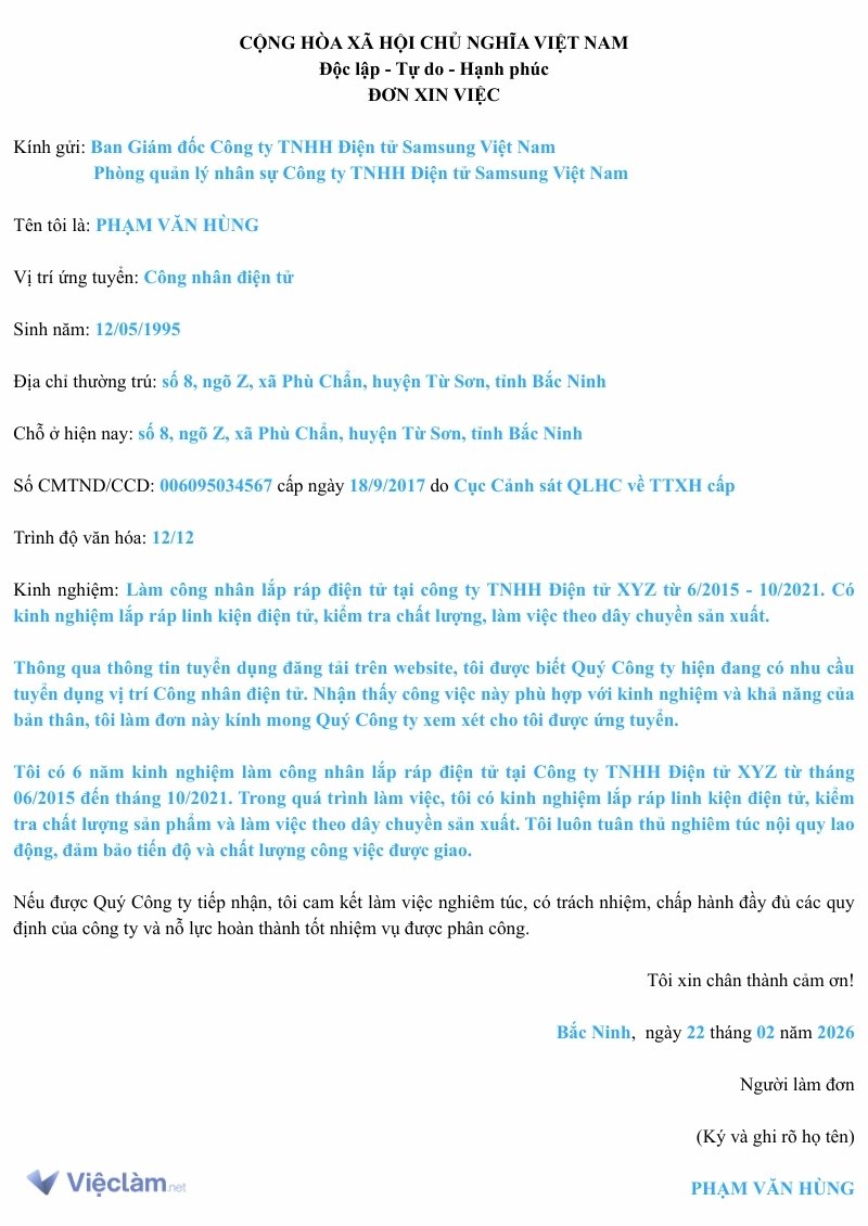 Mẫu đơn xin việc làm công nhân và hướng dẫn cách điền chi tiết Tham khảo Mẫu đơn xin việc Công nhân điện tử