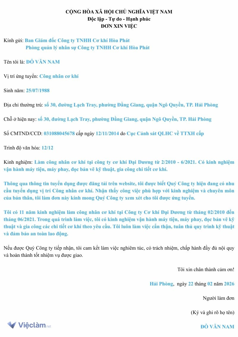 Mẫu đơn xin việc làm công nhân và hướng dẫn cách điền chi tiết Tham khảo Mẫu đơn xin việc Công nhân cơ khí