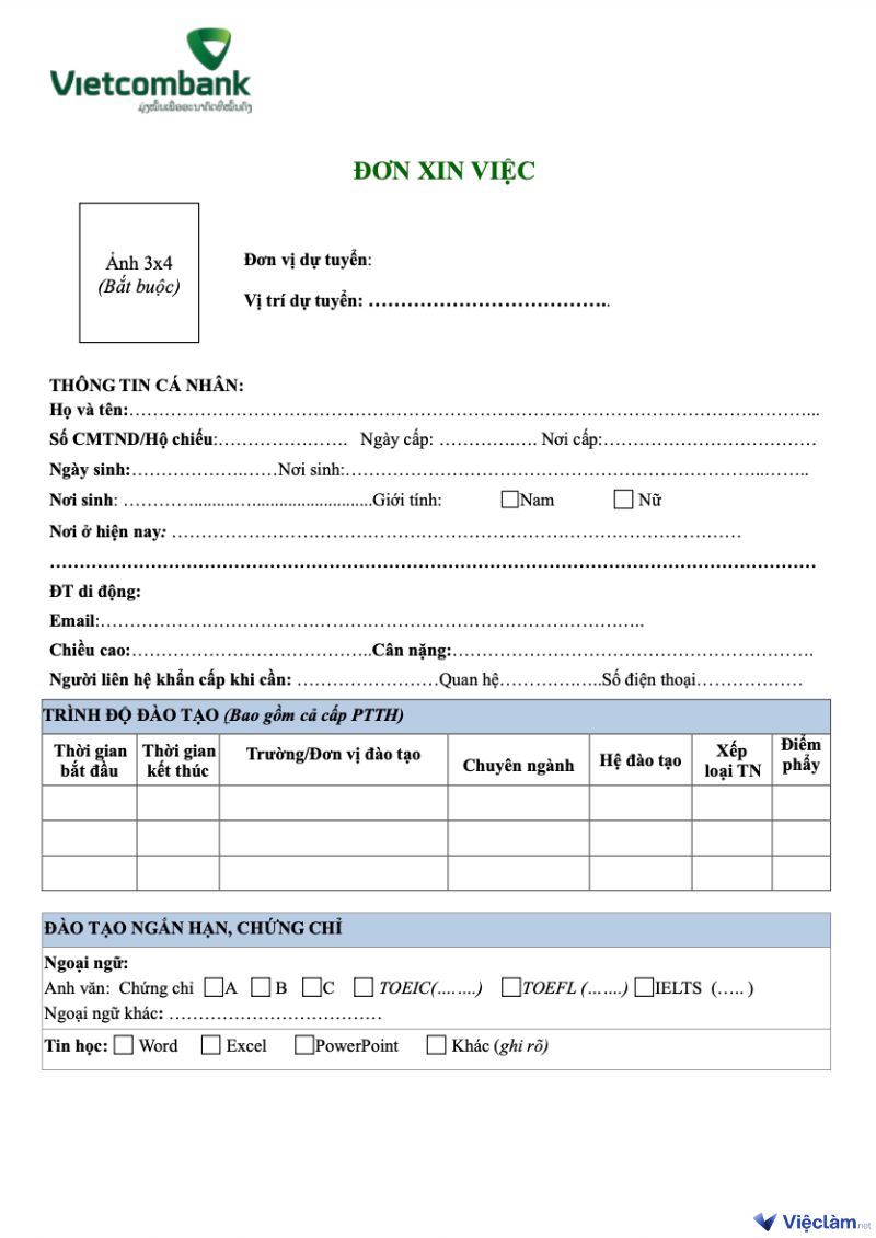 Mẫu đơn xin việc Vietcombank chuẩn
