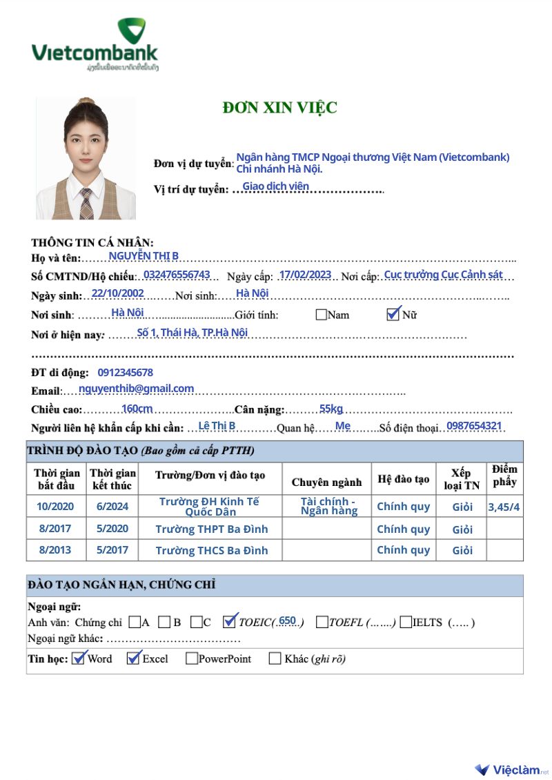 Cách ghi chi tiết mẫu đơn xin việc Vietcombank trang 1