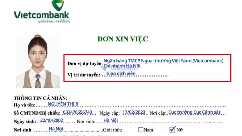 Cách ghi mục "Thông tin chung" trong đơn xin việc Vietcombank