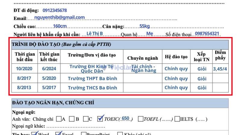 Cách ghi mục "Trình độ đào tạo" trong đơn xin việc Vietcombank