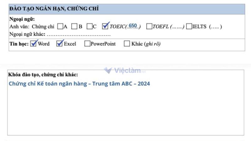 Cách ghi mục "Đào tạo ngắn hạn, Chứng chỉ" trong đơn xin việc Vietcombank
