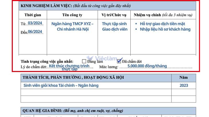 Cách ghi mục "Kinh nghiệm làm việc" trong đơn xin việc Vietcombank