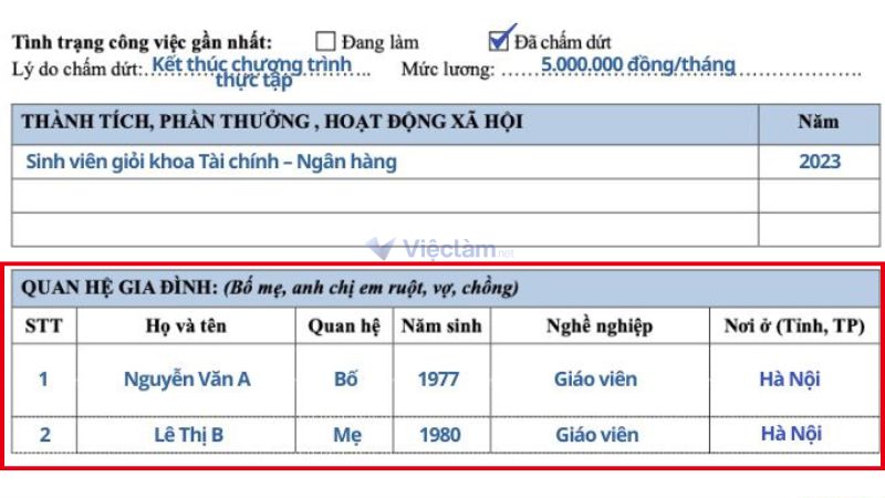 Cách ghi mục "Quan hệ gia đình" trong đơn xin việc Vietcombank