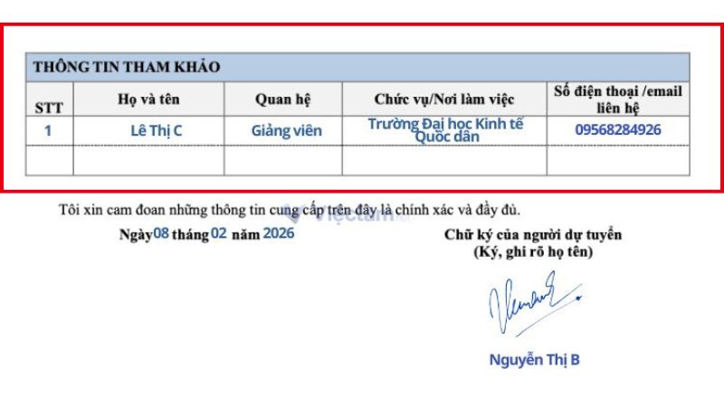 Cách ghi mục "Thông tin tham khảo" trong đơn xin việc Vietcombank