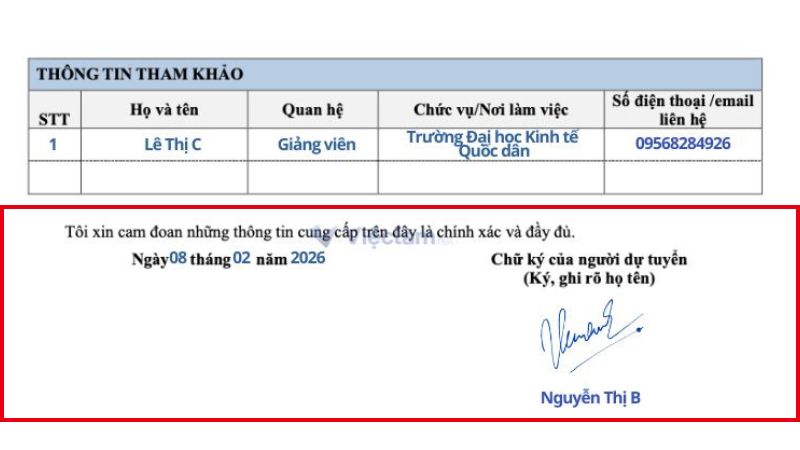 Cách ghi mục "Cam đoan & Ký tên" trong đơn xin việc Vietcombank