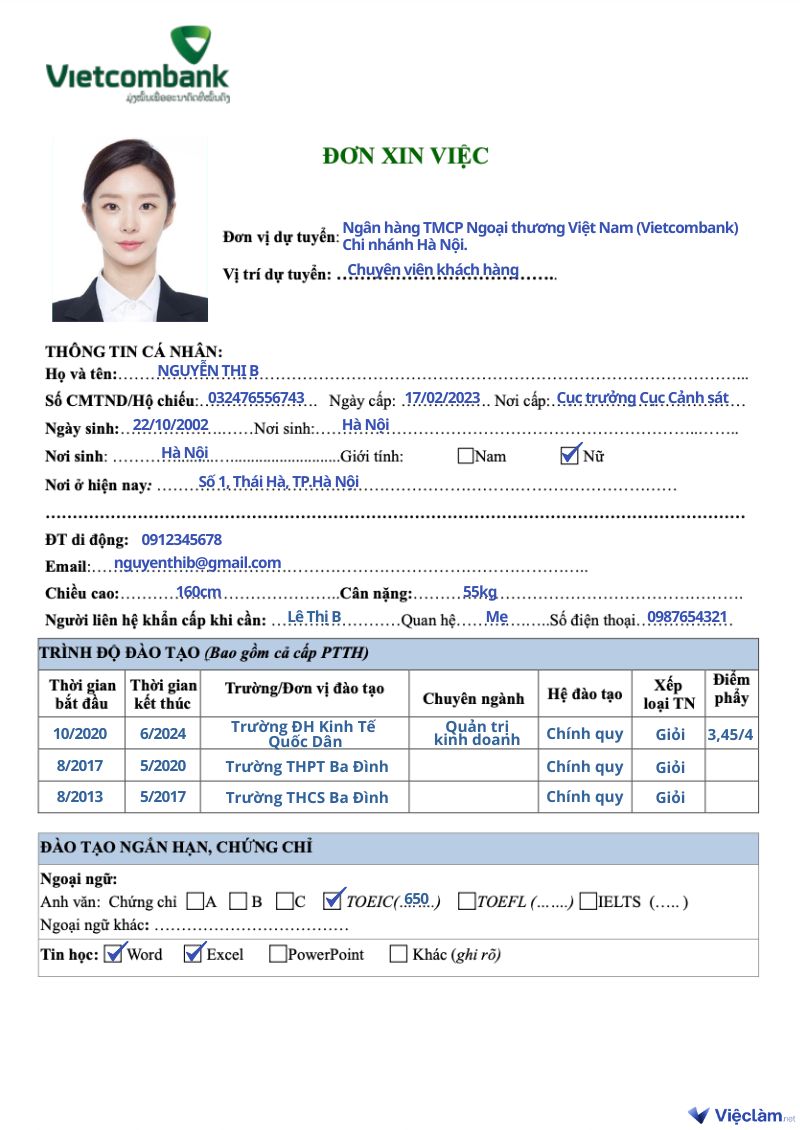 Cách ghi đơn xin việc Vietcombank cho vị trí Chuyên viên khách hàng
