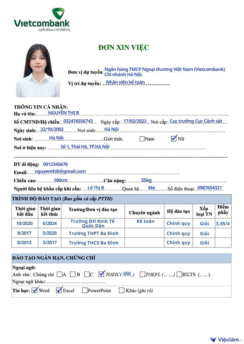 Cách ghi đơn xin việc Vietcombank cho vị trí Nhân viên Kế toán