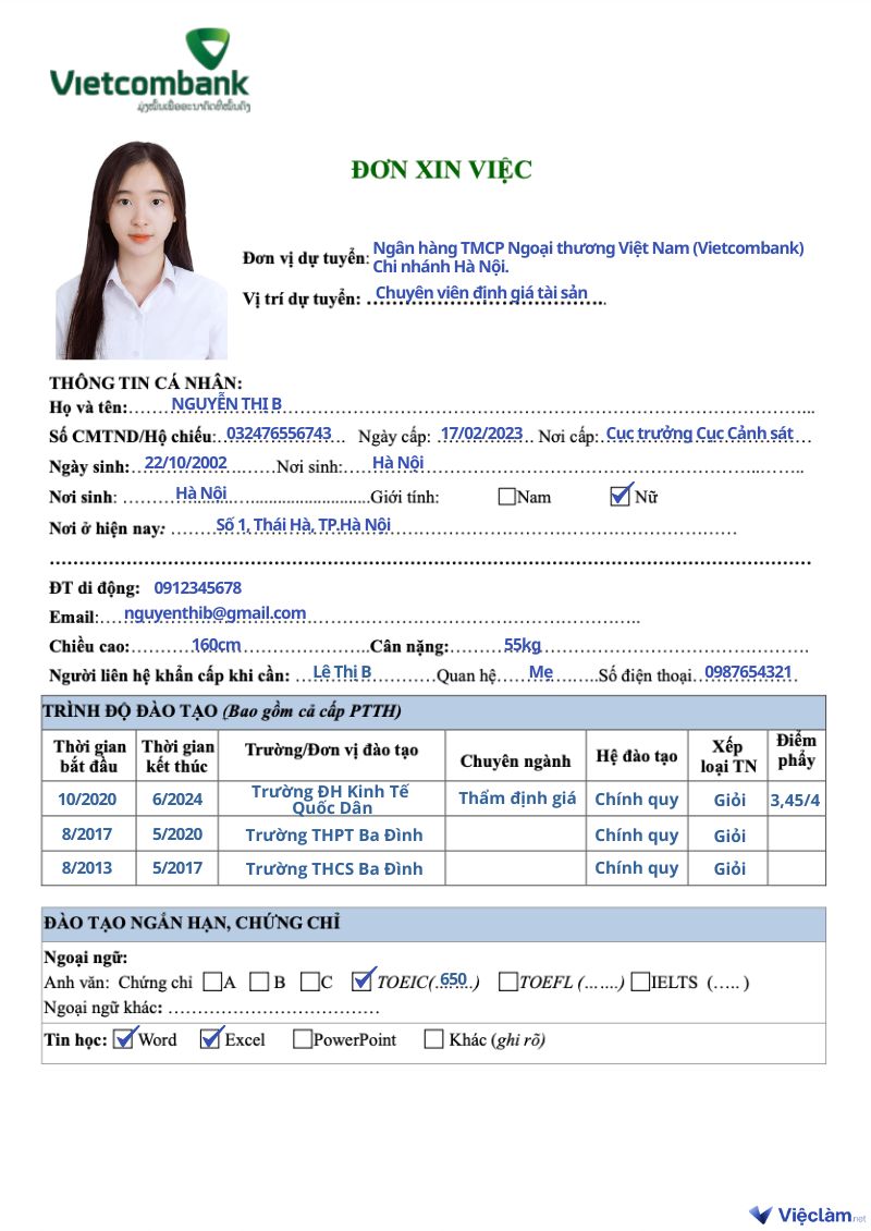 Cách ghi đơn xin việc Vietcombank cho vị trí Chuyên viên định giá tài sản