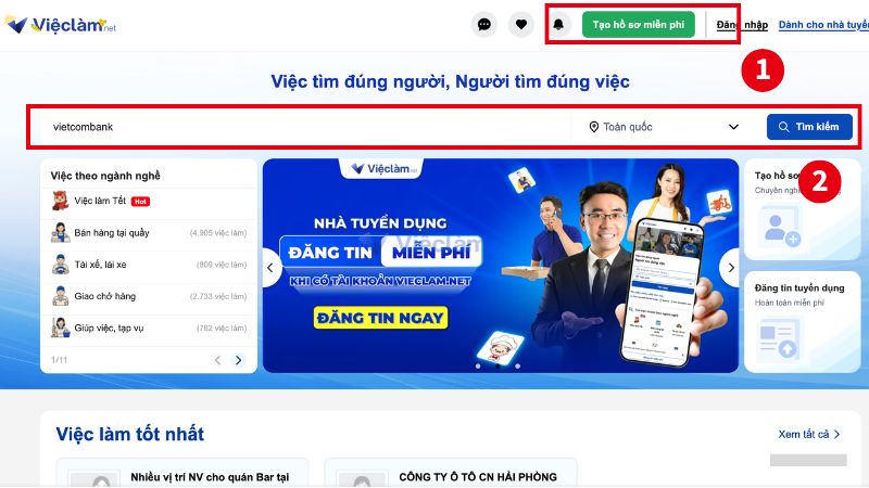 Cách tìm cách vị trí việc làm tại ngân hàng Vietcombank trên Vieclam.net