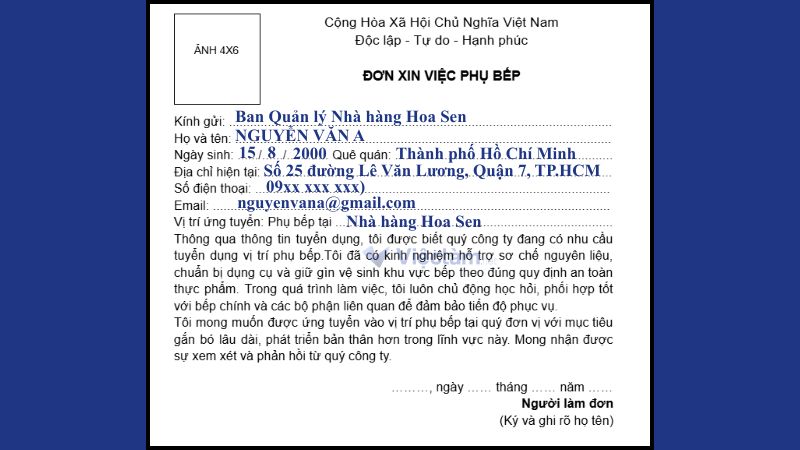 Mẫu đơn xin việc phụ bếp dùng chung