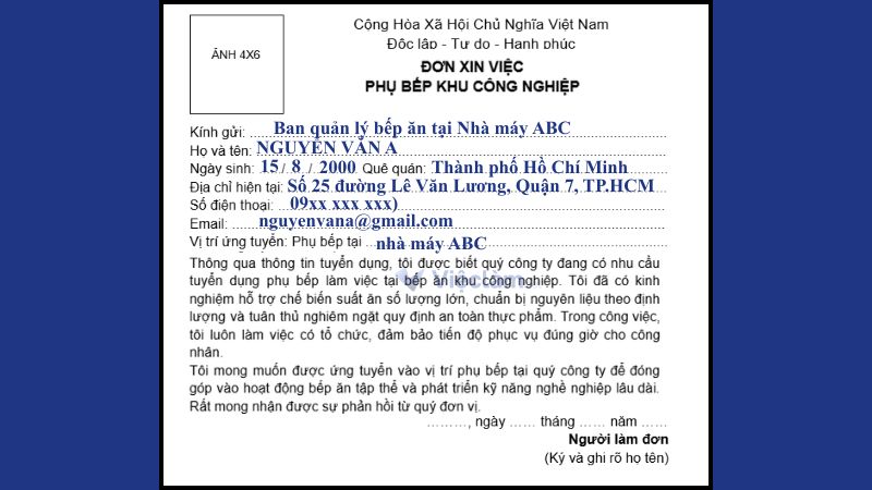 Mẫu đơn xin việc phụ bếp khu công nghiệp