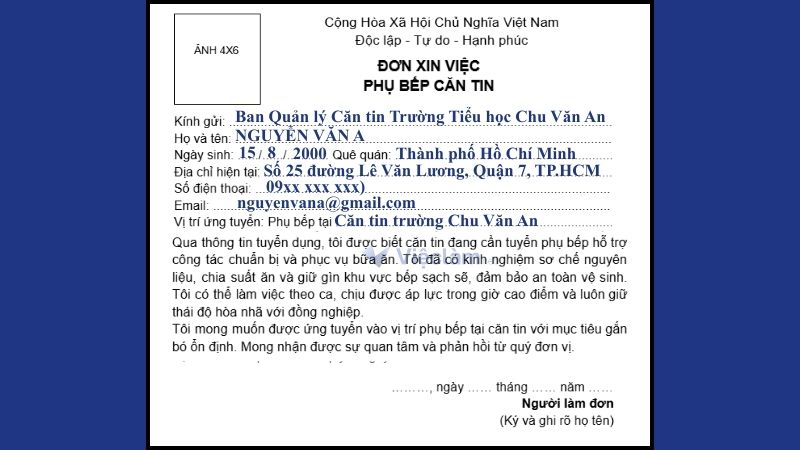 Mẫu đơn xin việc phụ bếp căn tin