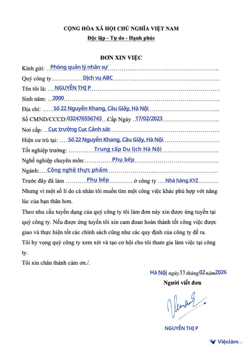 Mẫu đơn xin việc viết tay cho nhiều ngành nghề và hướng dẫn cách viết chi tiết Mẫu đơn xin việc viết tay cho phụ bếp