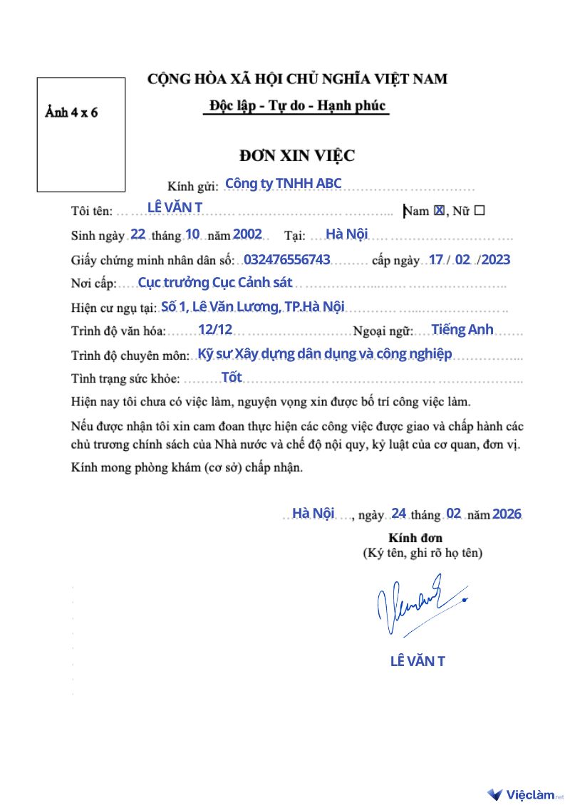 Mẫu đơn xin việc ngành xây dựng và hướng dẫn cách ghi chi tiết Mẫu đơn xin việc kỹ sư xây dựng