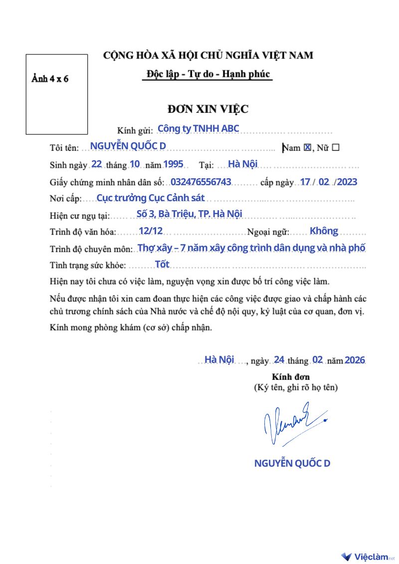 Mẫu đơn xin việc ngành xây dựng và hướng dẫn cách ghi chi tiết Mẫu đơn xin việc thợ xây