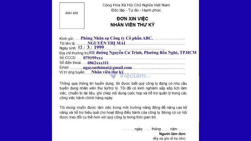 Mẫu đơn xin việc nhân viên văn phòng và hướng dẫn cách điền chi tiết Mẫu đơn xin việc nhân viên Thư ký/Trợ lý