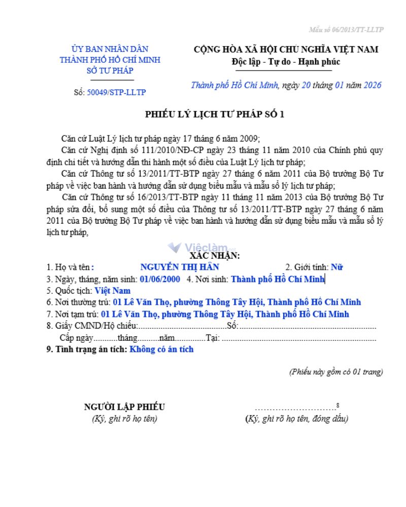 Mẫu sơ yếu lý lịch Học viện Tư pháp   số 1 đã điền đủ thông tin.