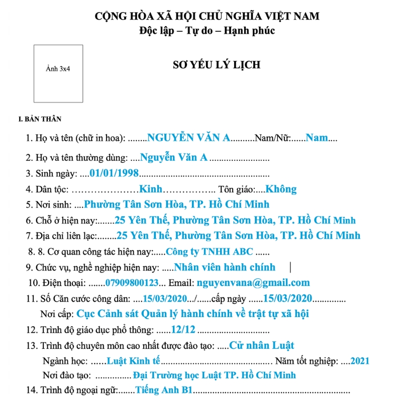 Hướng dẫn điền thông tin bản thân trong sơ yếu lý lịch tự thuật 