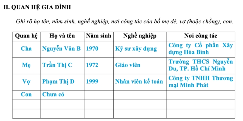 Hướng dẫn viết phần quan hệ gia đình trong sơ yếu lý lịch tự thuật