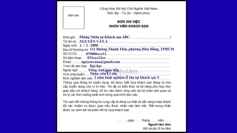 Mẫu đơn xin việc khách sạn dùng chung 