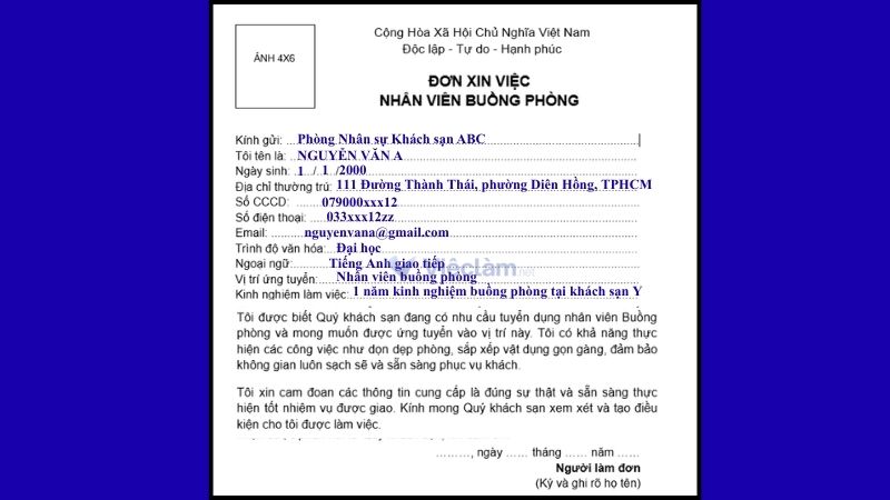 Mẫu đơn xin việc nhân viên Buồng phòng