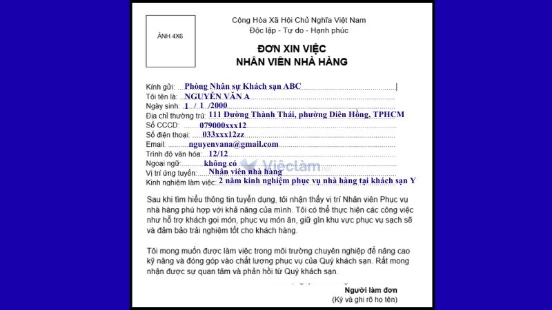 Mẫu đơn xin việc nhân viên Phục vụ nhà hàng