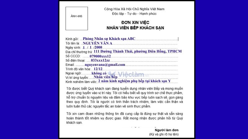 Mẫu đơn xin việc nhân viên Bếp