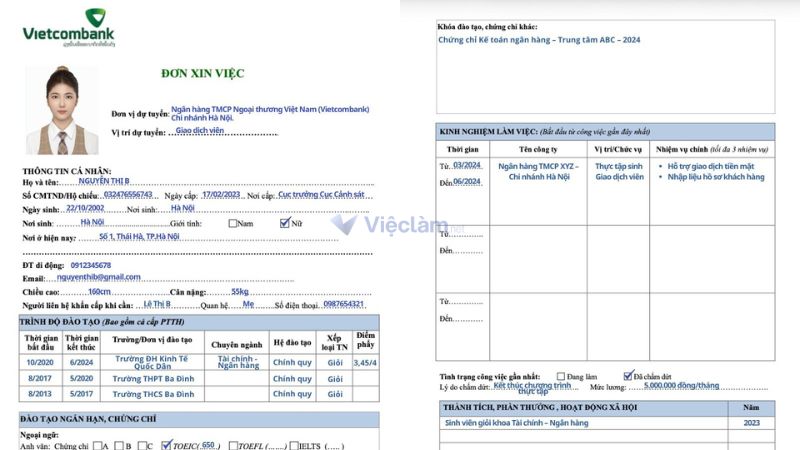 Hướng dẫn cách ghi chi tiết đơn xin việc Vietcombank chuẩn