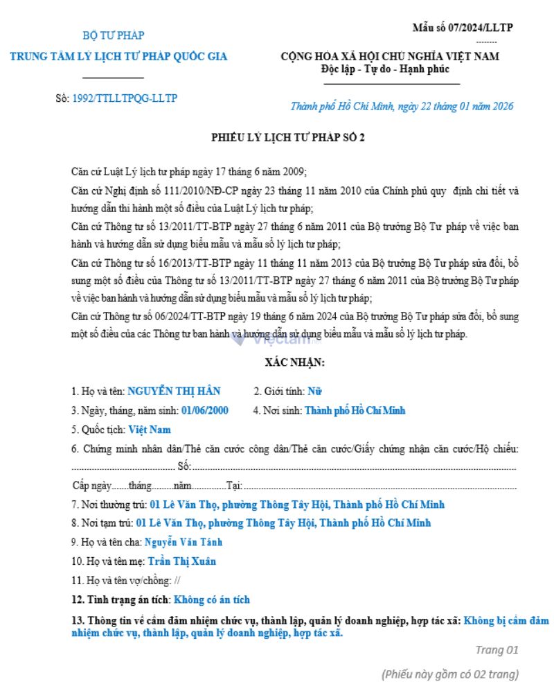 Mẫu sơ yếu lý lịch Học viện Tư pháp số 2 đã điền đủ thông tin.