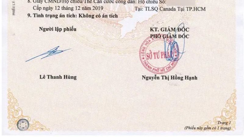 Phần kết của Lý lịch Pháp lý phiếu 1.