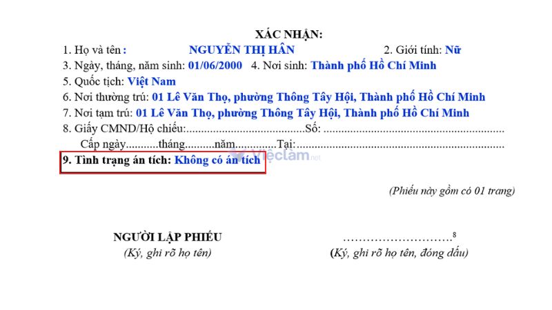 Cách ghi trường hợp Không có án tích trong Lý lịch Tư pháp.