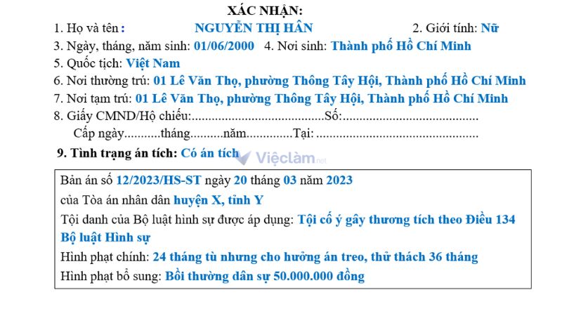 Cách ghi trường hợp Có án tích trong Lý lịch Tư pháp.