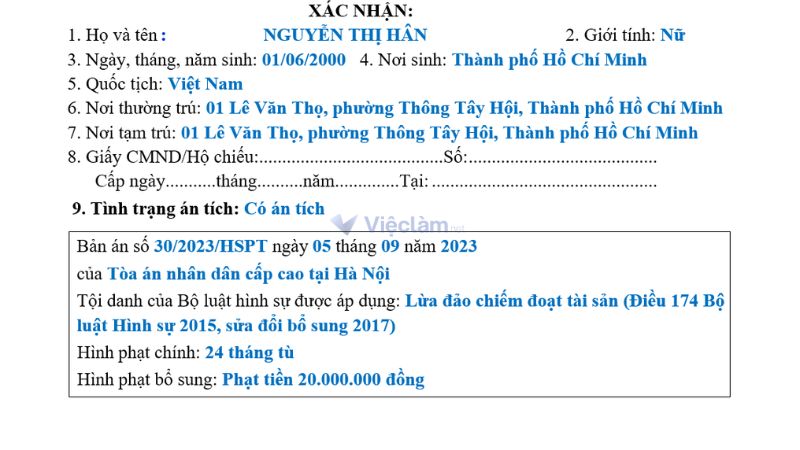 Cách trình bày trường hợp bản án phúc thẩm trong Lý lịch tư pháp số 1.