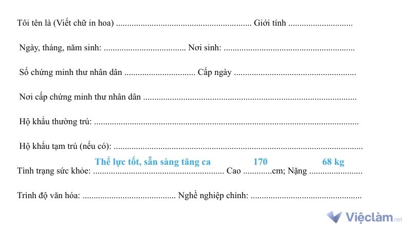 Cách điền mẫu có thêm chiều cao, cân nặng cho lao động phổ thông