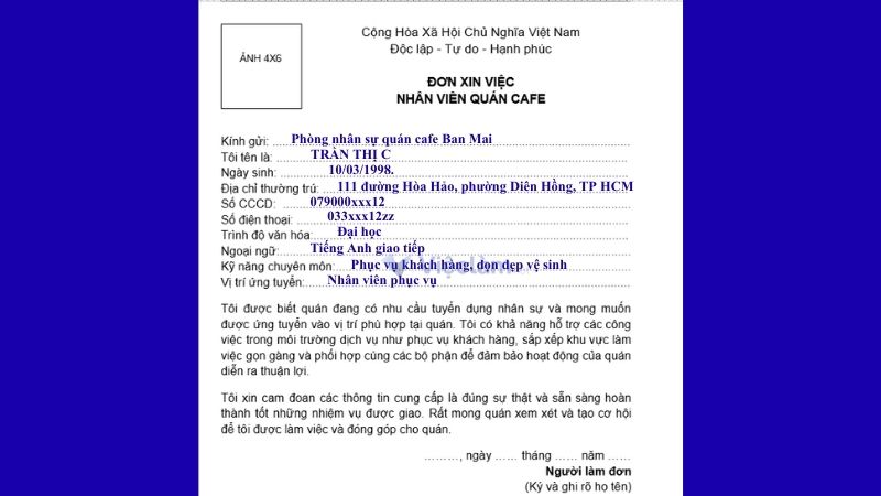 Mẫu đơn xin việc quán cafe dùng chung